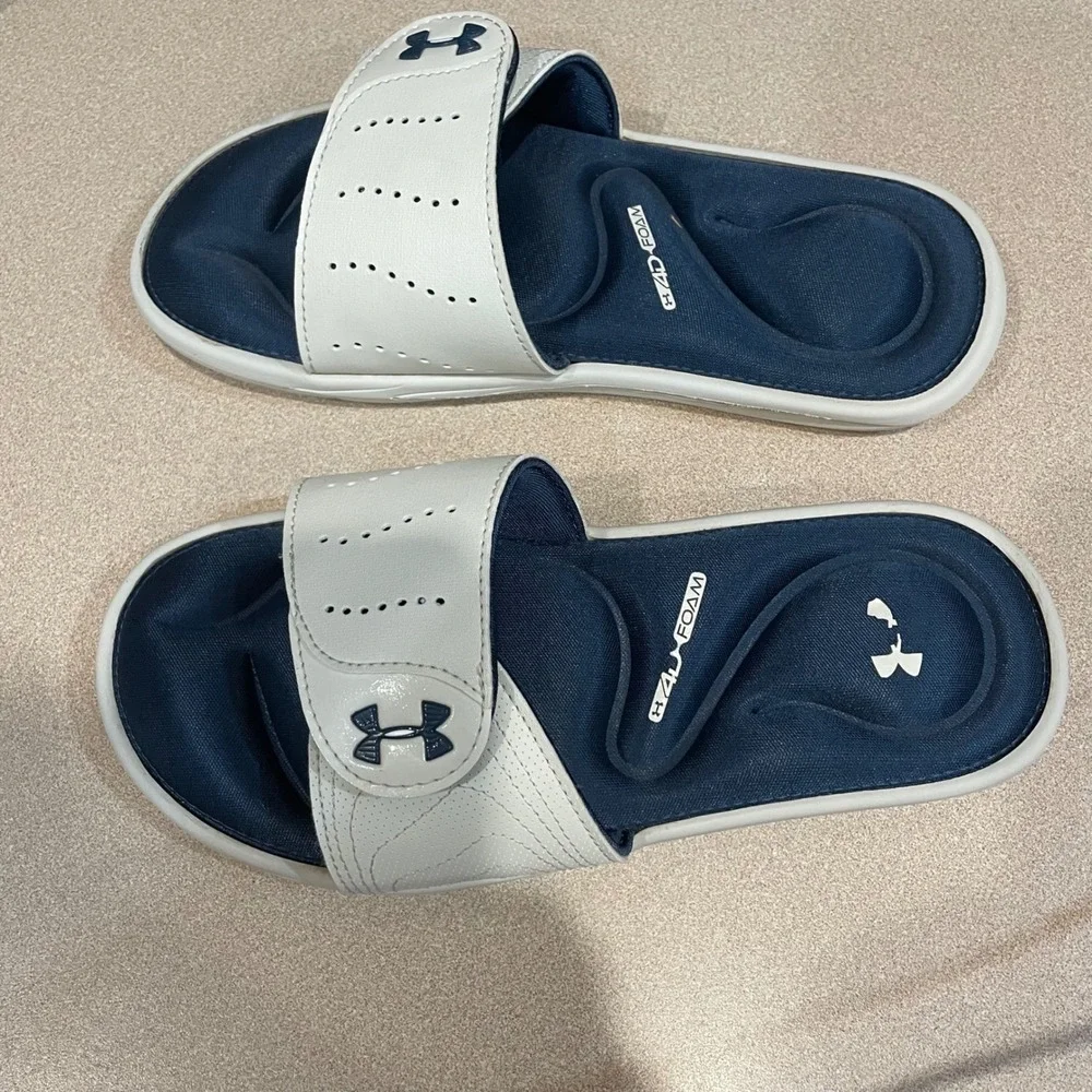 Under Armour Ignite VI Slides White Navy Blue 4D Foam Sandals 3022717-103 Size 6